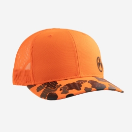 Magpul Icon Blaze Orange Trucker in Orange with brown/gray camo pattern on brim and Magpul logo on crown