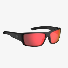 Angled front view of Magpul Ascent Eyewear, Polarized - Black Frame, Gray Lens/Red Mirror