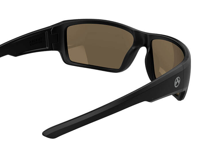Inside view of Magpul Ascent Eyewear, Polarized - Black Frame, Bronze Lens/Blue Mirror with thin stems visible