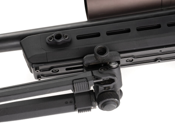 Magpul QR Rail Grabber and 17s Bipod mounted to ARCA Rail on Magpul Pro 700 Chassis